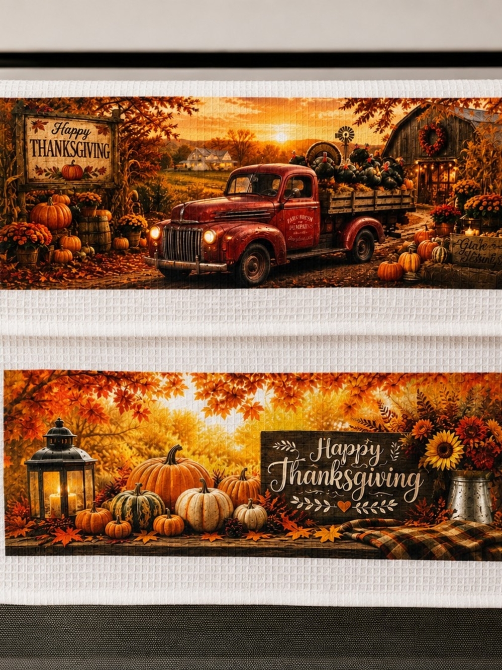 Hand Crafted Harvest Thanksgiving Kitchen Towels in Orange, Brown, White